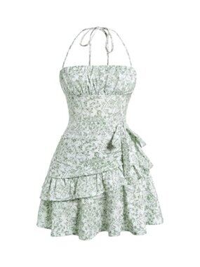Floral Halter Tie Back Sleeveless Cami Mini Dress Tiered Summer